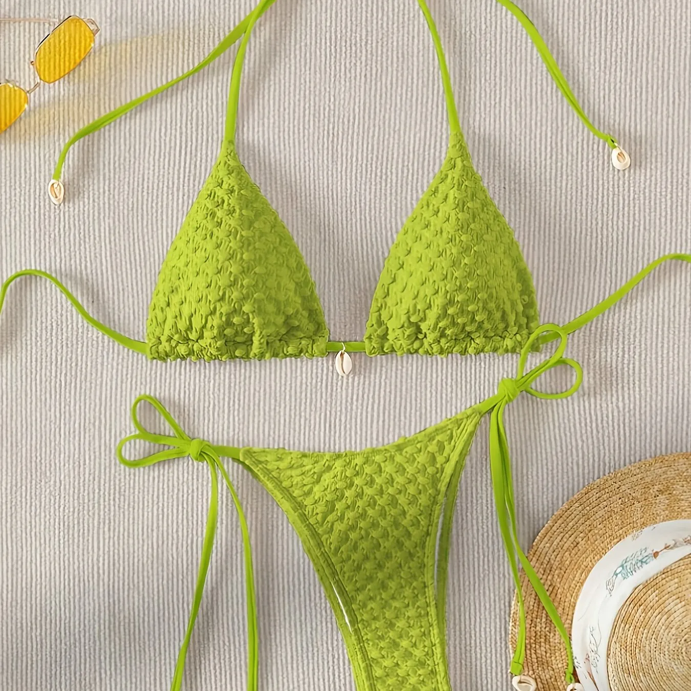 Sexy Solid Color White Textured Two-Piece Bikini Set for Women - Backless Halter Tie Design, Fashionable Simple Swimwear with Adjustable Straps and Ruffled Trim - Perfect for Summer Beach Vacation and Pool Party