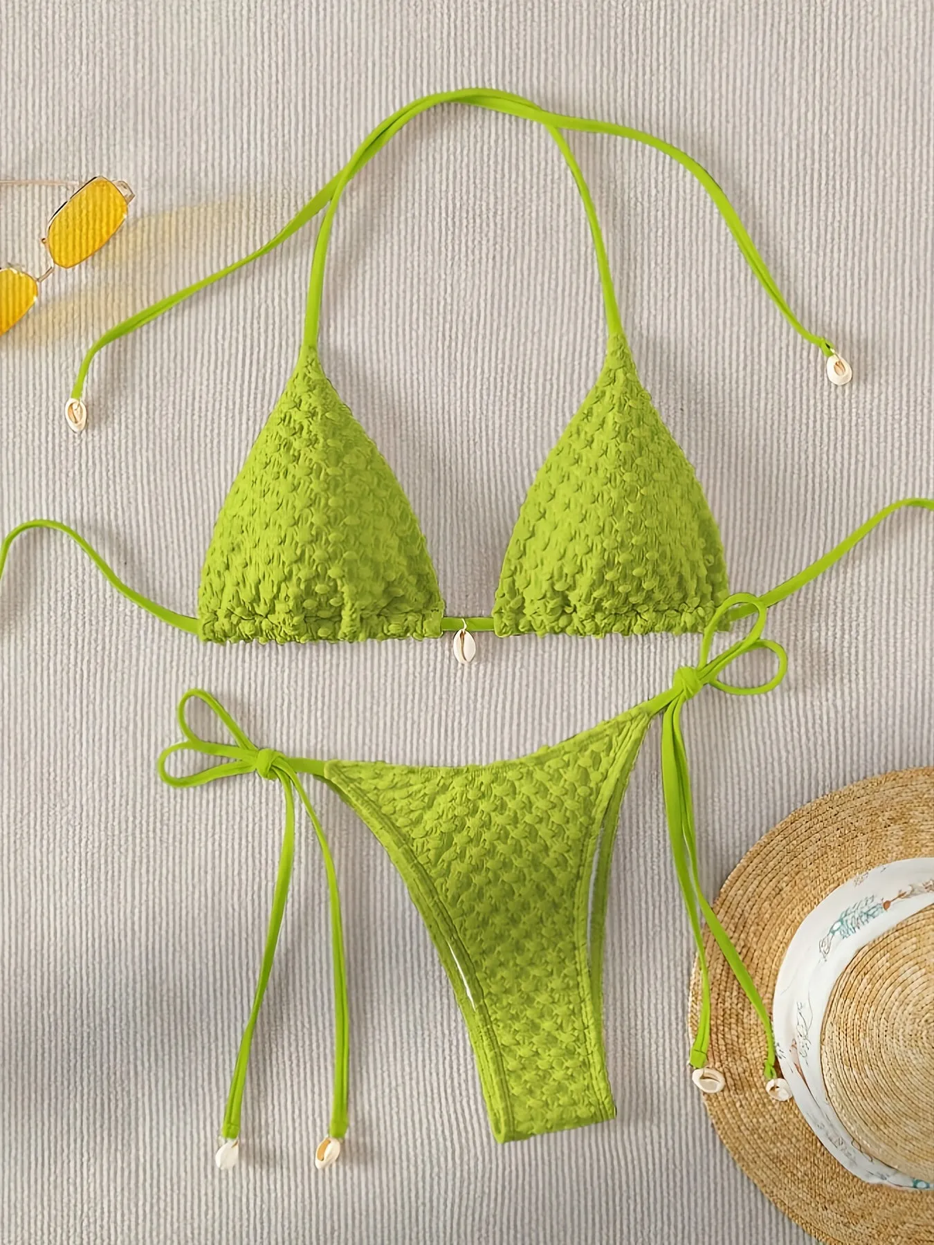 Sexy Solid Color White Textured Two-Piece Bikini Set for Women - Backless Halter Tie Design, Fashionable Simple Swimwear with Adjustable Straps and Ruffled Trim - Perfect for Summer Beach Vacation and Pool Party