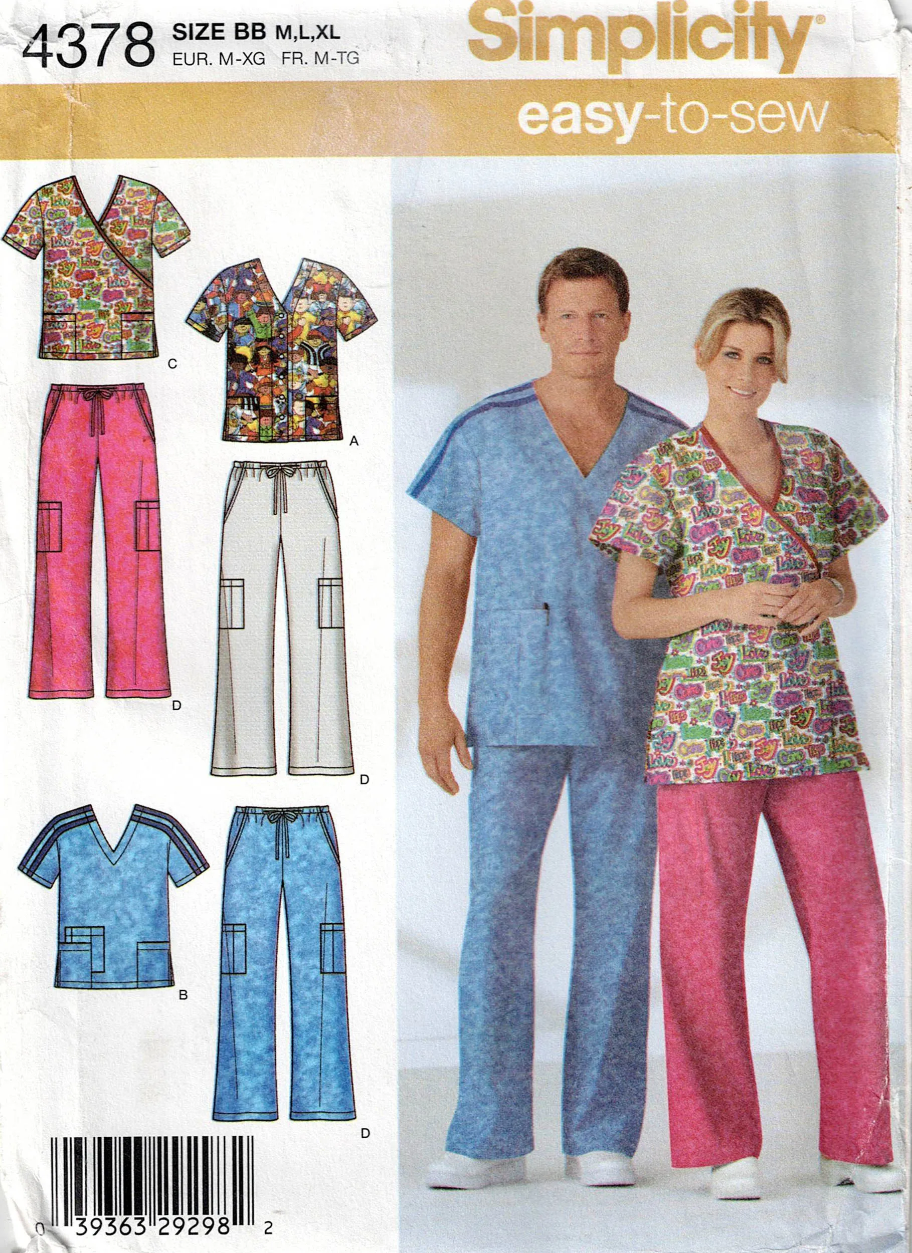 Simplicity 4378 Mens Womens UNISEX Hospital Medical Dental Scrubs Out Of Print Sewing Pattern Size M - XL UNCUT Factory Folded