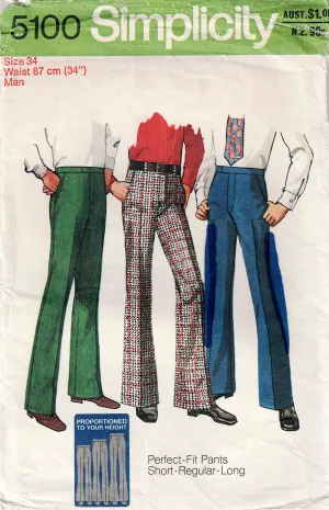 Simplicity 5100 Mens Perfect Fit Proportioned Pants in Short Regular or Tall 1970s Vintage Sewing Pattern Waist 34 Inches