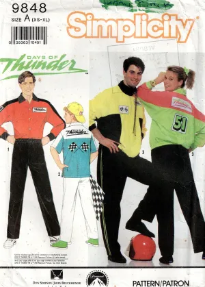 Simplicity 9848 Mens Womens Teens DAYS of THUNDER Pants Shirt & Pullover Jacket with Transfers 1990s Vintage Sewing Pattern Sizes XS - M UNCUT Factory Folded
