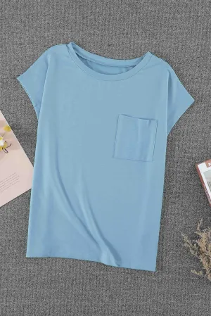 Sky Blue Knit Pocketed Side Slits Short Sleeve Tee