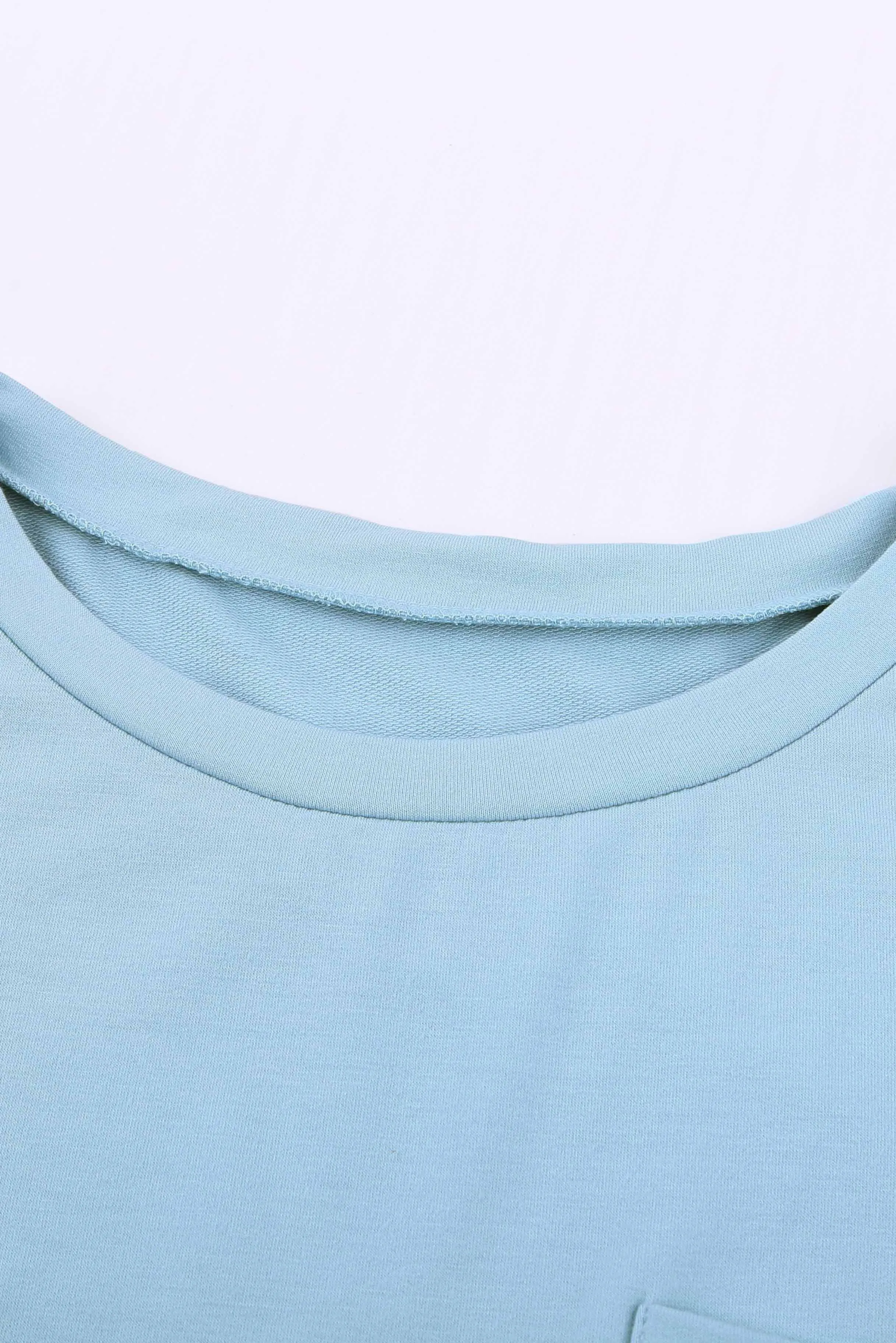 Sky Blue Knit Pocketed Side Slits Short Sleeve Tee