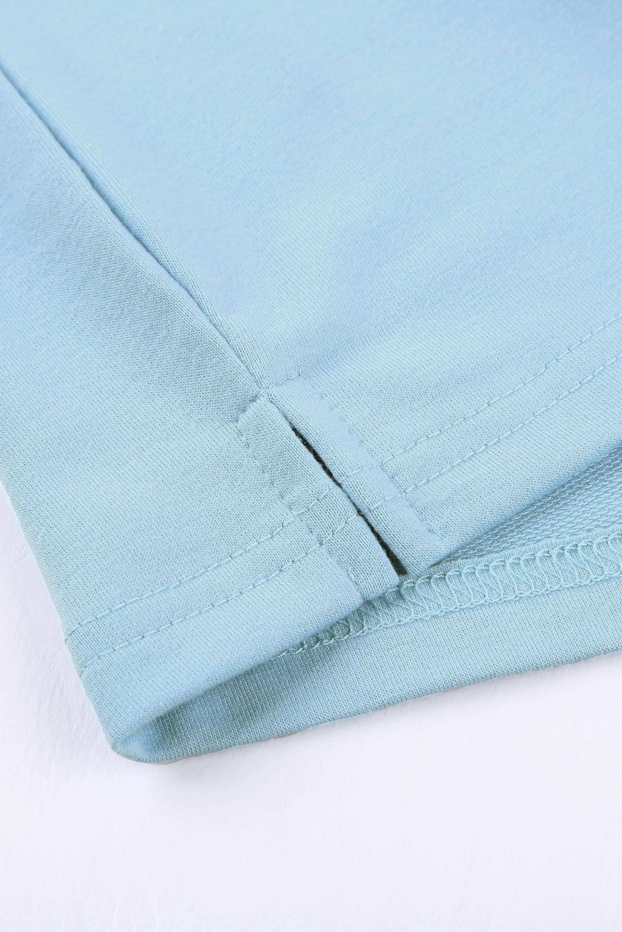 Sky Blue Knit Pocketed Side Slits Short Sleeve Tee