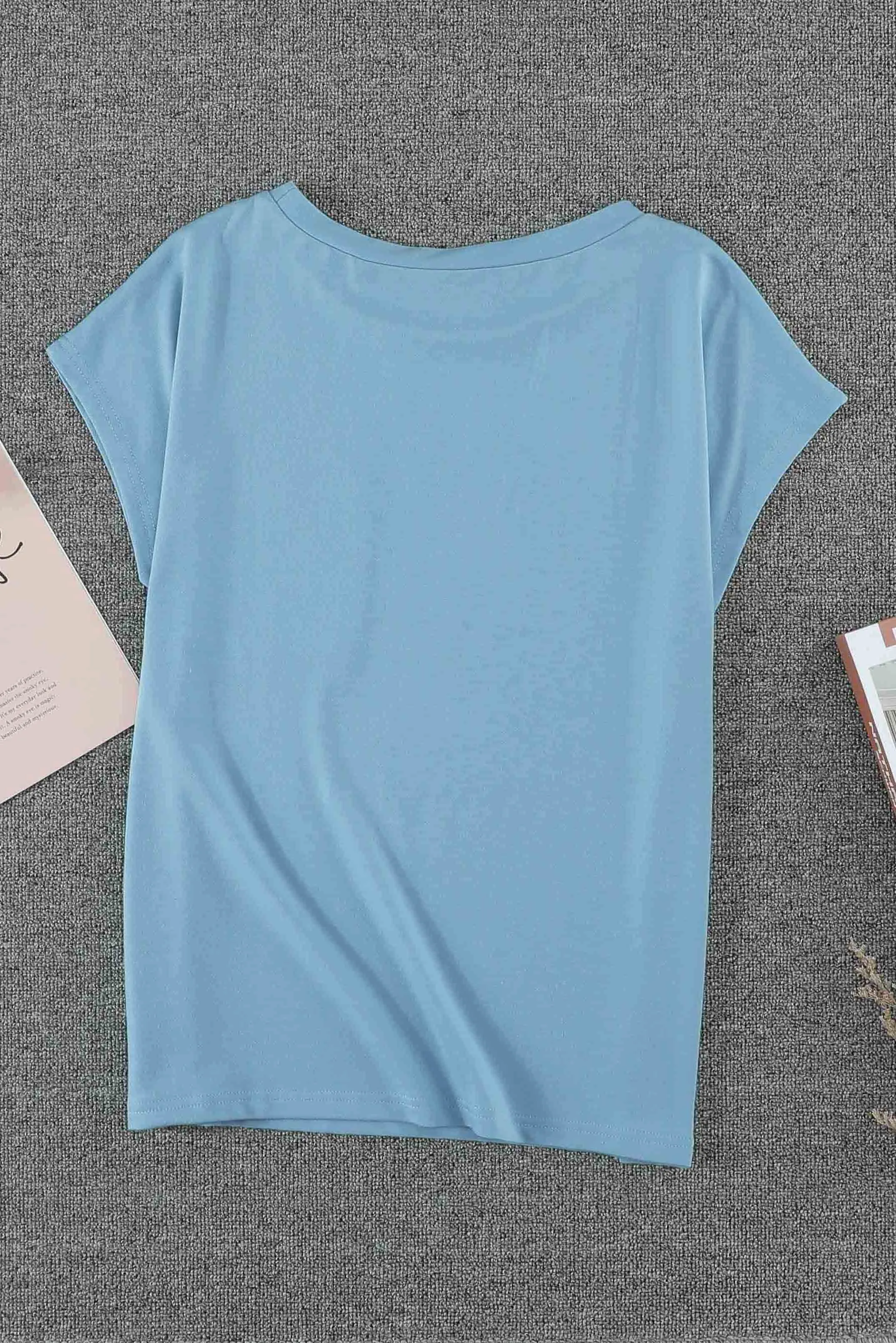 Sky Blue Knit Pocketed Side Slits Short Sleeve Tee