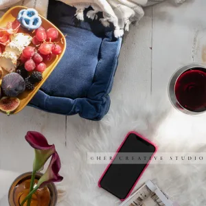 Smartphone, Calla Lilly & Cheese Plate on Wood Background
