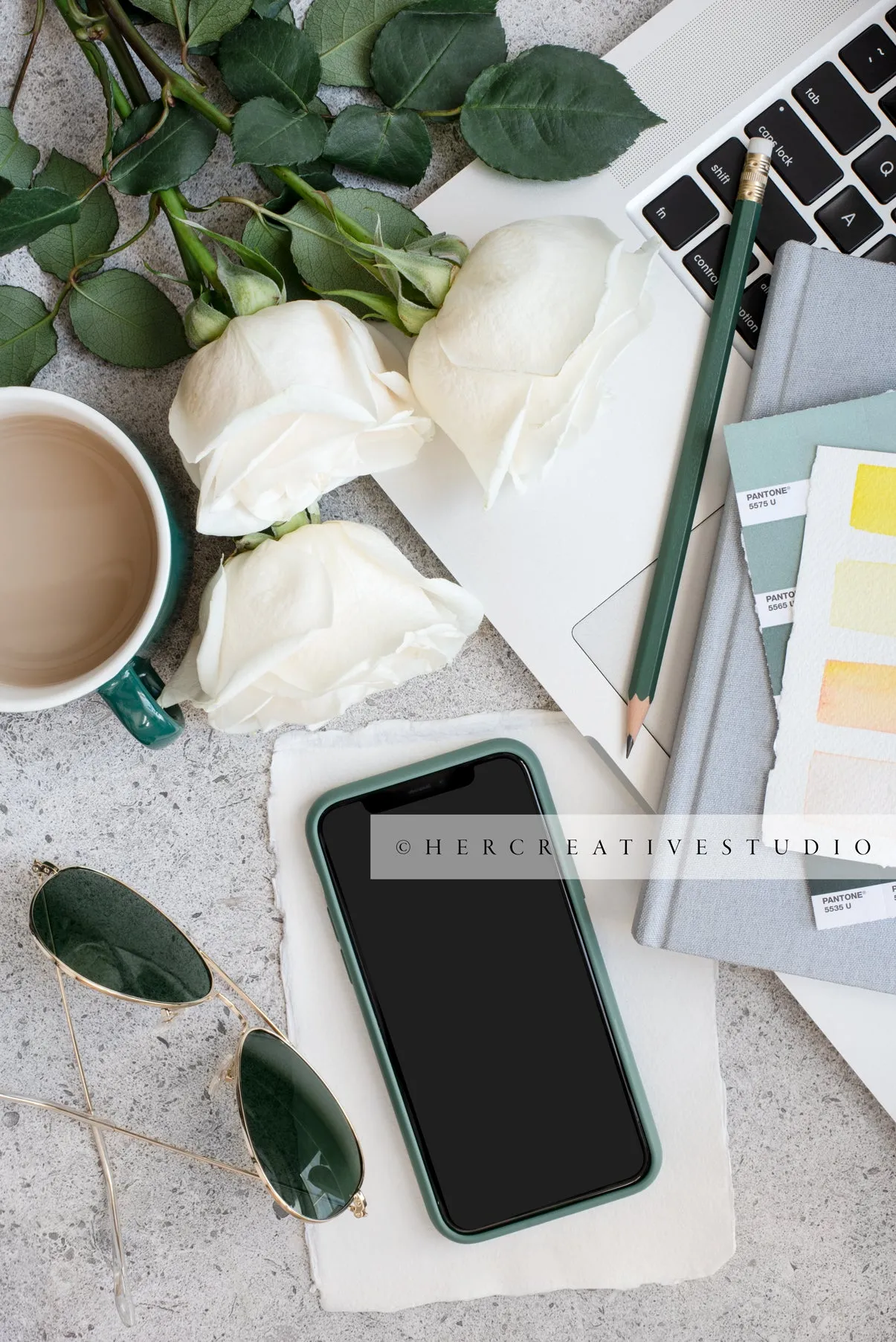 Smartphone, Roses & Coffee. Digital Stock Image