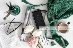 Smartphone, Roses & Tote. Styled Stock Image