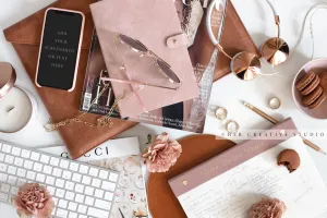 Smartphone with Brown & Dusty Pink Workspace. Digital Image.