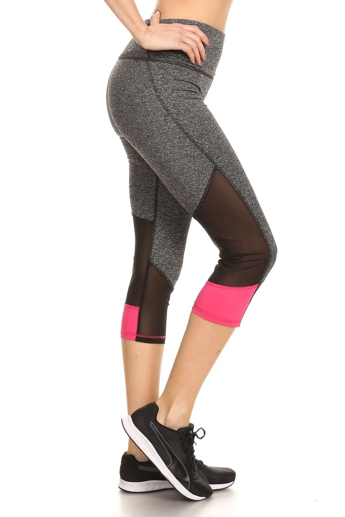 Solid Contrasting Color Block Mesh Panel Leggings