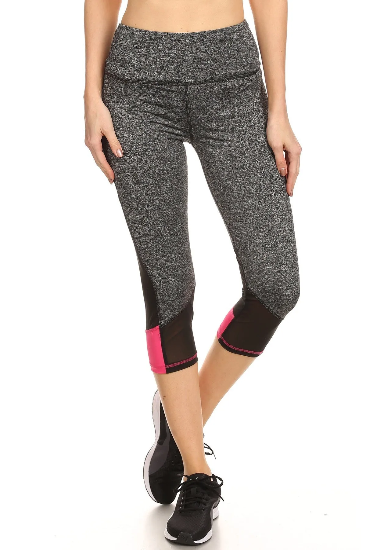 Solid Contrasting Color Block Mesh Panel Leggings