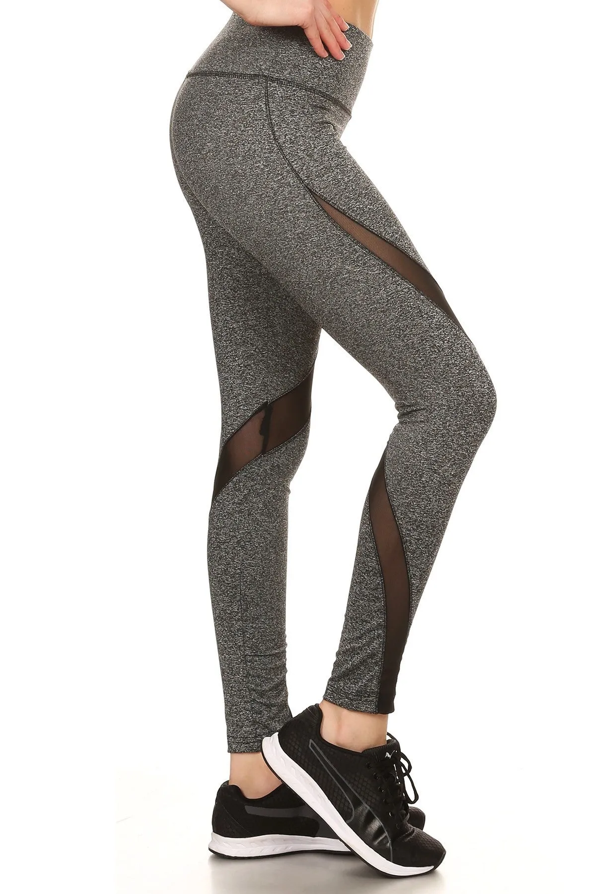 Solid Fitted Style Elastic Mesh Panels Leggings