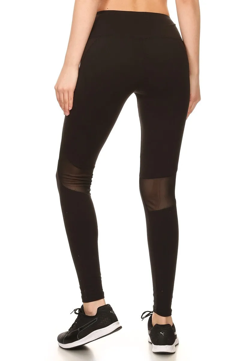 Solid Fitted Style Elastic Mesh Panels Leggings