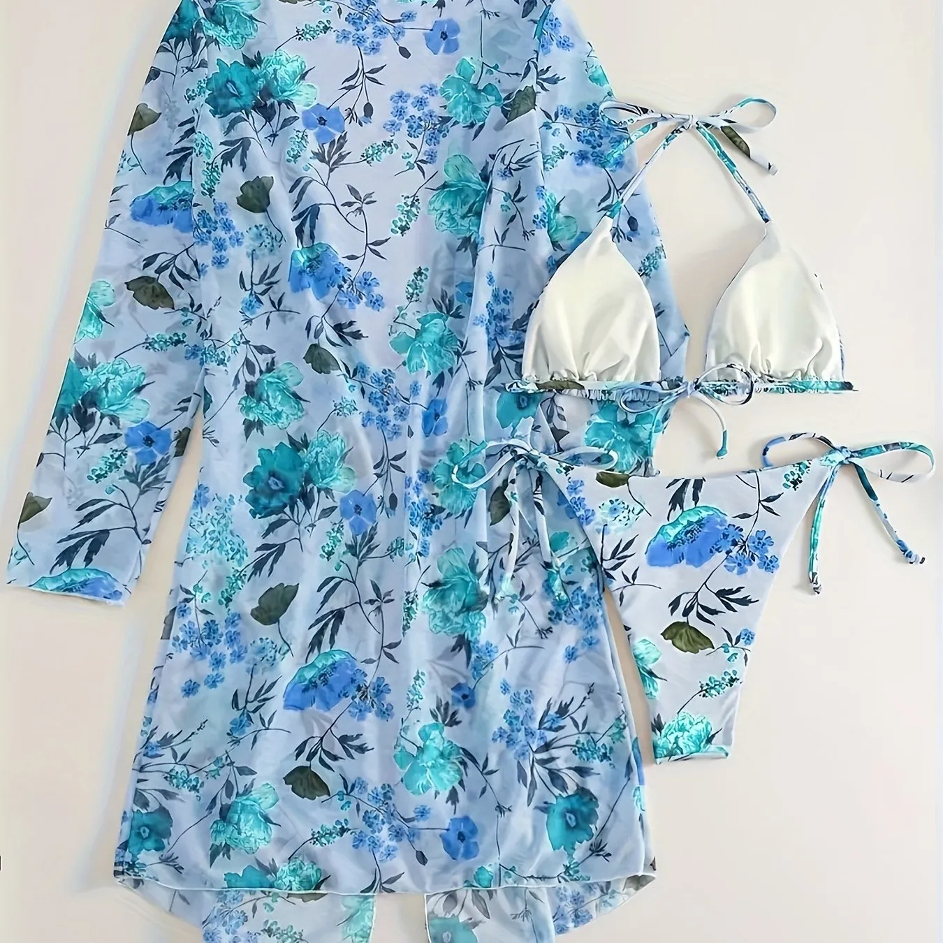 Stretchy Floral Flirty 3-Piece Swimsuit Set - Halter Triangle Bikini with Adjustable Ties & Stylish Long Sleeve Cover-Up for Women - Perfect Beach & Resort Wear