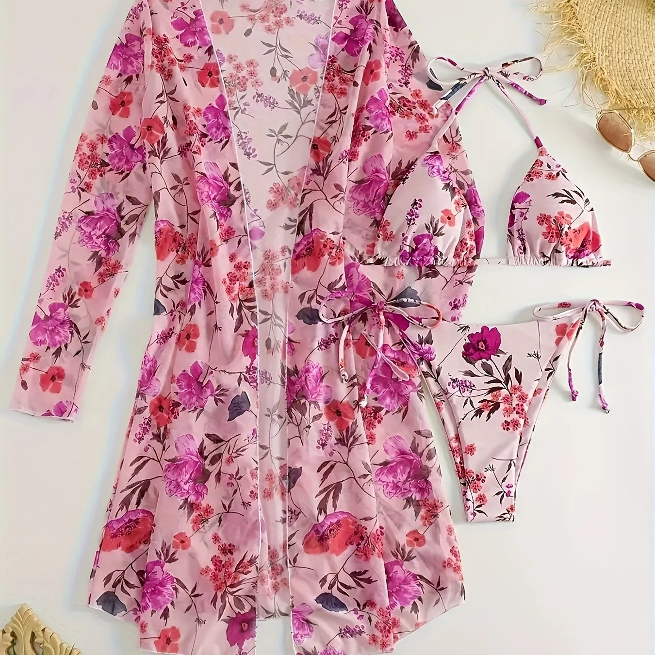 Stretchy Floral Flirty 3-Piece Swimsuit Set - Halter Triangle Bikini with Adjustable Ties & Stylish Long Sleeve Cover-Up for Women - Perfect Beach & Resort Wear