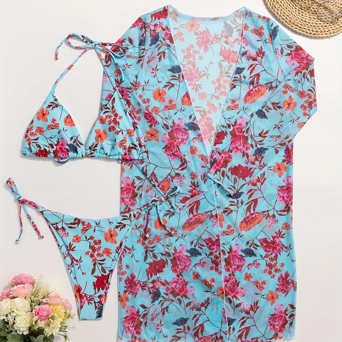 Stretchy Floral Flirty 3-Piece Swimsuit Set - Halter Triangle Bikini with Adjustable Ties & Stylish Long Sleeve Cover-Up for Women - Perfect Beach & Resort Wear