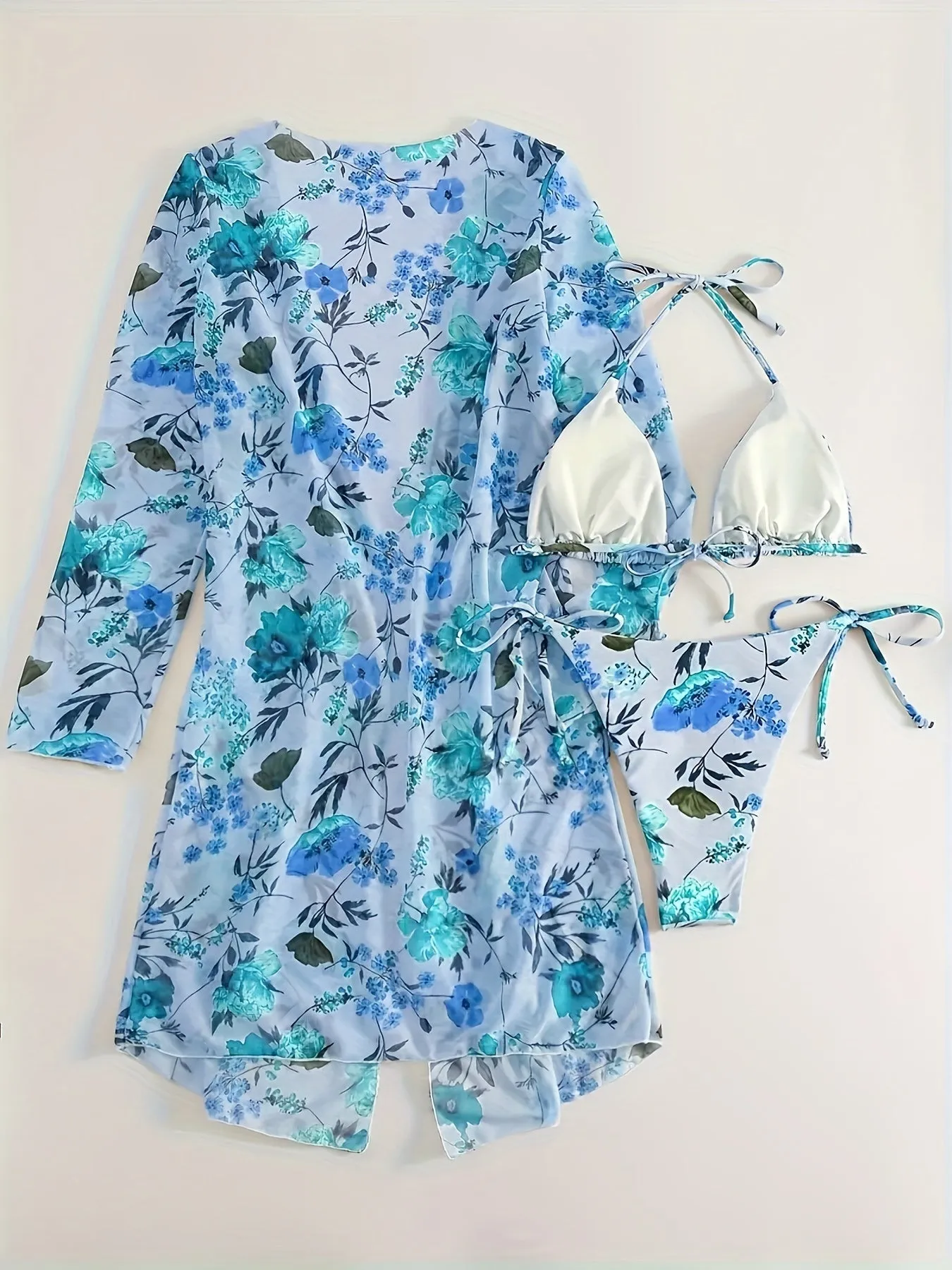 Stretchy Floral Flirty 3-Piece Swimsuit Set - Halter Triangle Bikini with Adjustable Ties & Stylish Long Sleeve Cover-Up for Women - Perfect Beach & Resort Wear