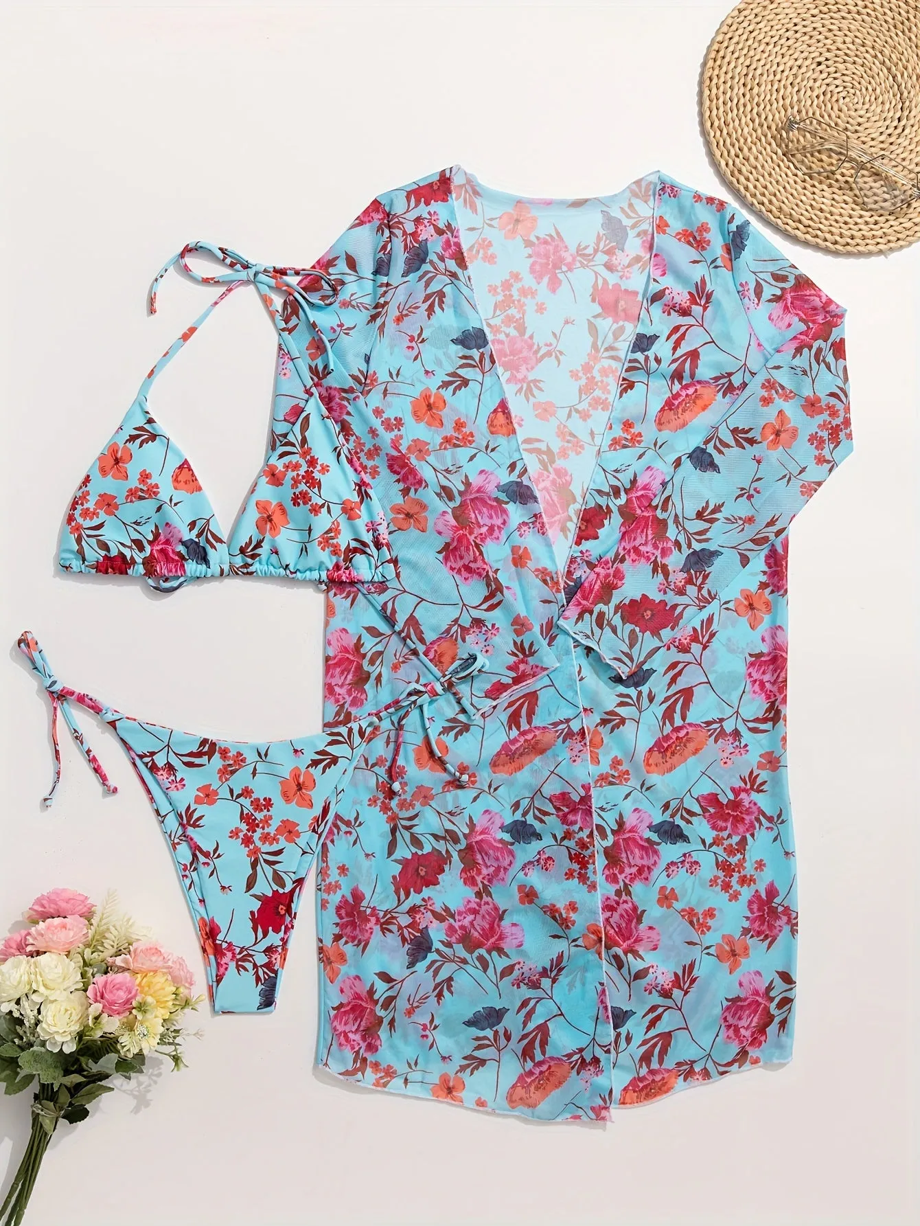 Stretchy Floral Flirty 3-Piece Swimsuit Set - Halter Triangle Bikini with Adjustable Ties & Stylish Long Sleeve Cover-Up for Women - Perfect Beach & Resort Wear