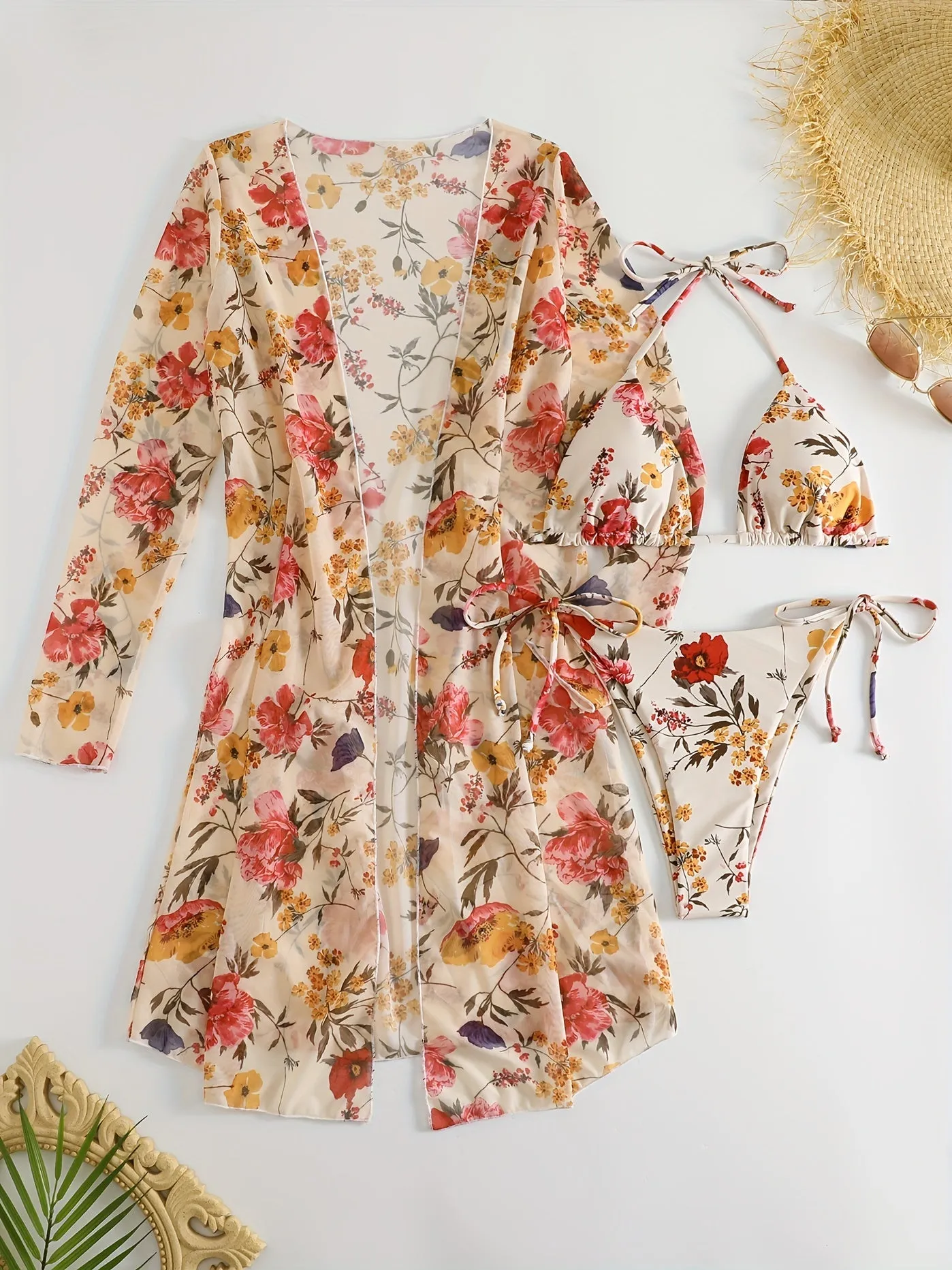 Stretchy Floral Flirty 3-Piece Swimsuit Set - Halter Triangle Bikini with Adjustable Ties & Stylish Long Sleeve Cover-Up for Women - Perfect Beach & Resort Wear