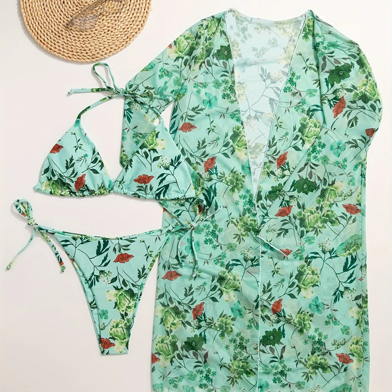 Stretchy Floral Flirty 3-Piece Swimsuit Set - Halter Triangle Bikini with Adjustable Ties & Stylish Long Sleeve Cover-Up for Women - Perfect Beach & Resort Wear