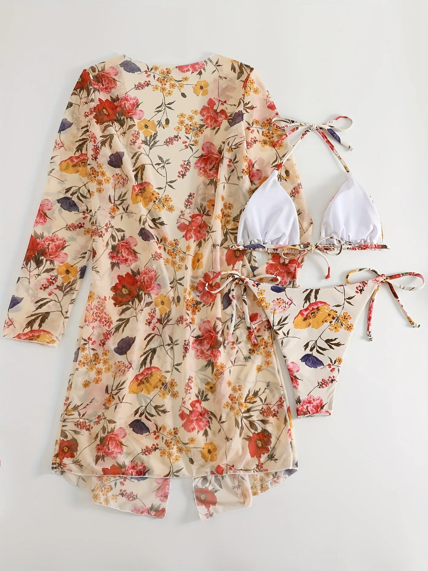 Stretchy Floral Flirty 3-Piece Swimsuit Set - Halter Triangle Bikini with Adjustable Ties & Stylish Long Sleeve Cover-Up for Women - Perfect Beach & Resort Wear
