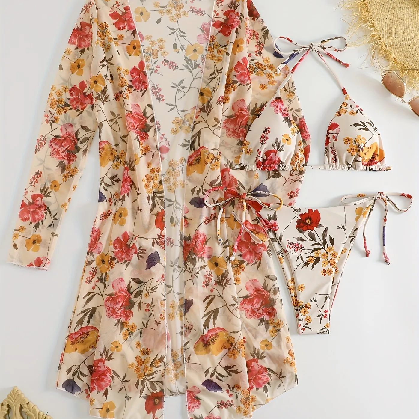 Stretchy Floral Flirty 3-Piece Swimsuit Set - Halter Triangle Bikini with Adjustable Ties & Stylish Long Sleeve Cover-Up for Women - Perfect Beach & Resort Wear