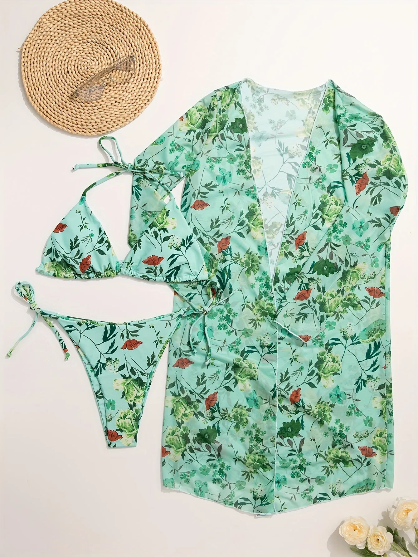 Stretchy Floral Flirty 3-Piece Swimsuit Set - Halter Triangle Bikini with Adjustable Ties & Stylish Long Sleeve Cover-Up for Women - Perfect Beach & Resort Wear