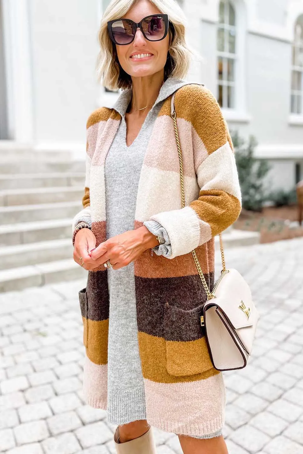Stripe Colorblock Long Sleeve Pocketed Cardigan