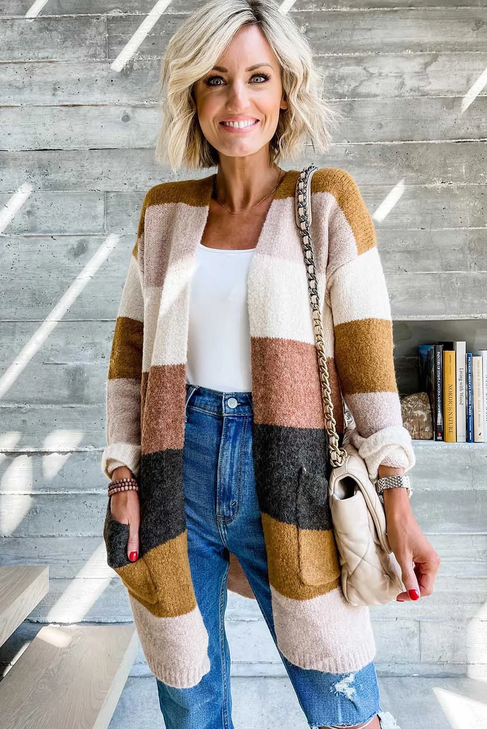 Stripe Colorblock Long Sleeve Pocketed Cardigan