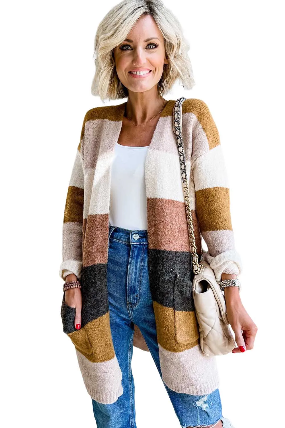 Stripe Colorblock Long Sleeve Pocketed Cardigan