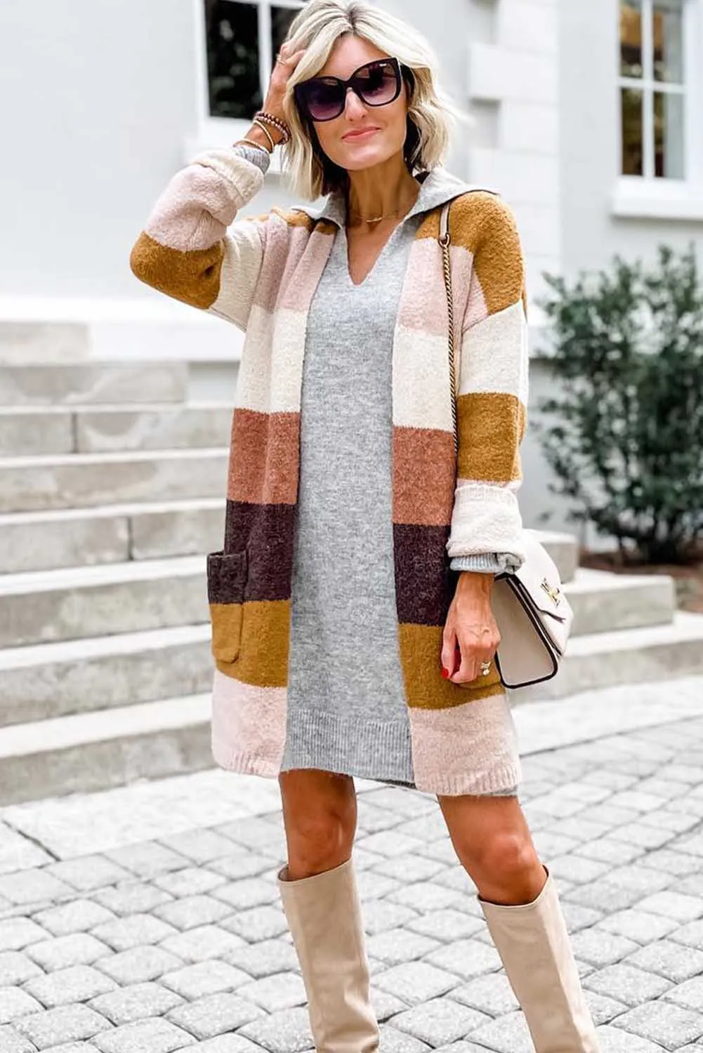Stripe Colorblock Long Sleeve Pocketed Cardigan