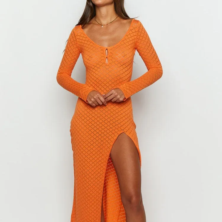Summer Vacation Skirt Beach Skirt Sexy Long Sleeve Split Long Dress Hollow-out Knitted Blouse Skirt for Women