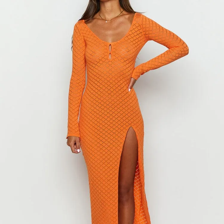 Summer Vacation Skirt Beach Skirt Sexy Long Sleeve Split Long Dress Hollow-out Knitted Blouse Skirt for Women