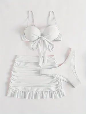 Three-Piece Beach Vacation Bikini Set - Stylish Tie-Front Top, Flirty Ruffle Hem Skirt, and Comfortable Swim Bottoms with Adjustable Straps, Perfect for Summer Getaways and Pool Parties
