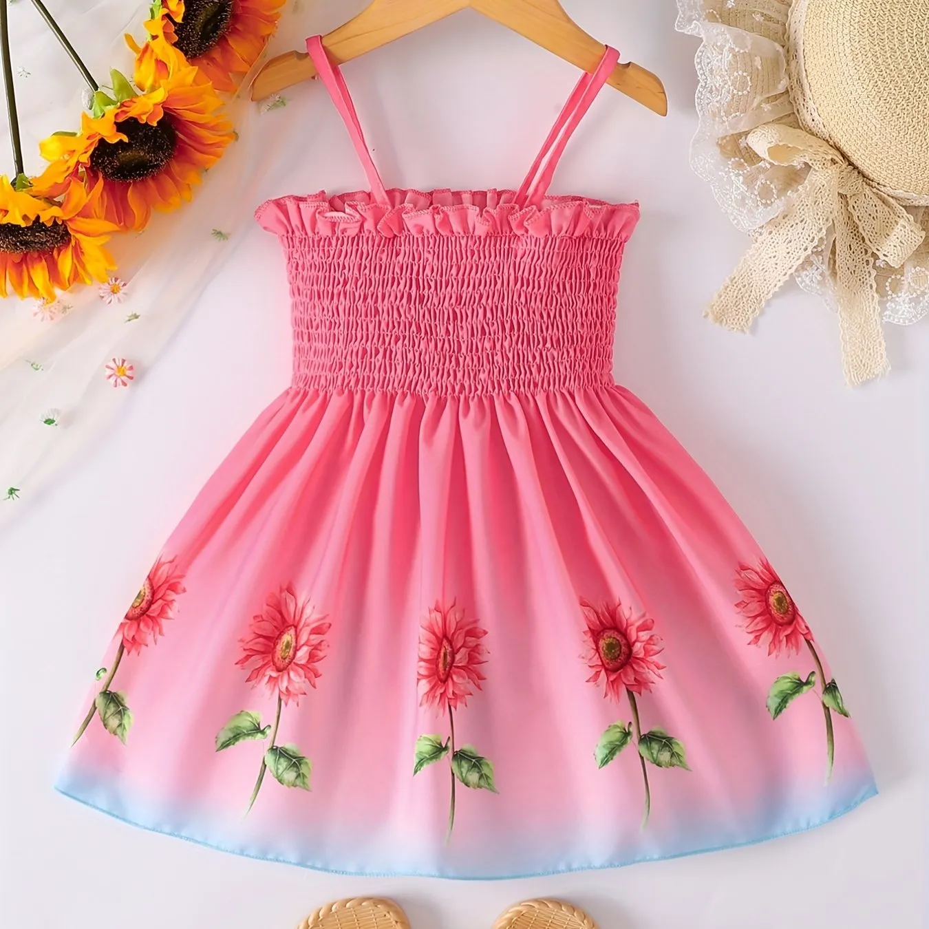 Toddler Girls Gradient Color Sunflower Graphic Frill Trim Shirred Cami Princess Dress For Party Beach Vacation Kids Summer Clothes 4th Of July Outfit