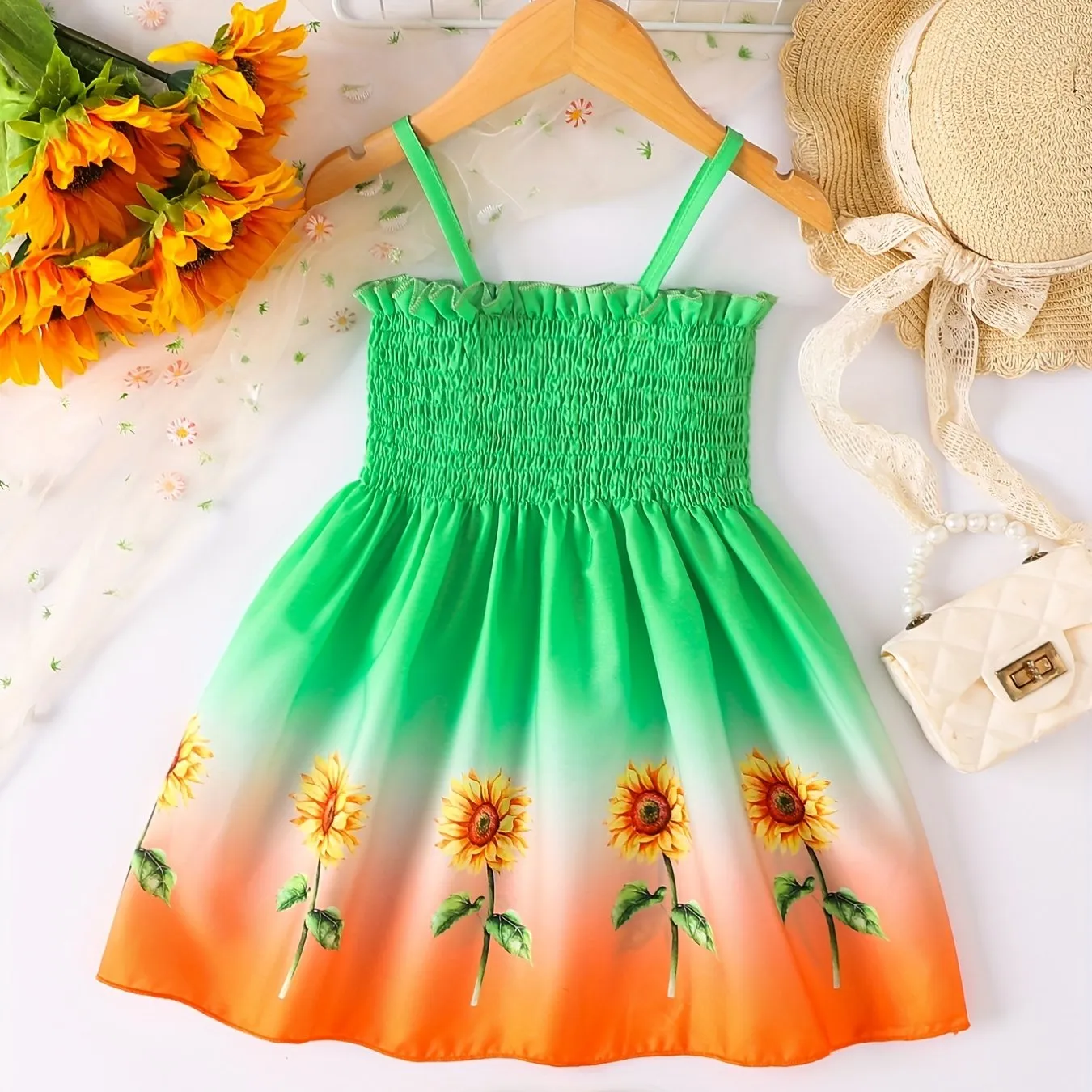 Toddler Girls Gradient Color Sunflower Graphic Frill Trim Shirred Cami Princess Dress For Party Beach Vacation Kids Summer Clothes 4th Of July Outfit