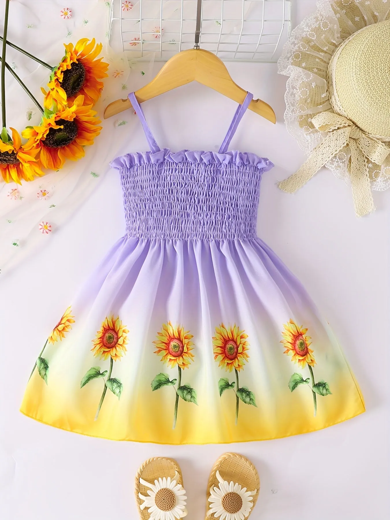 Toddler Girls Gradient Color Sunflower Graphic Frill Trim Shirred Cami Princess Dress For Party Beach Vacation Kids Summer Clothes 4th Of July Outfit