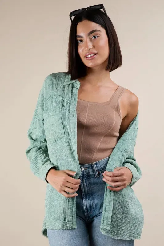 VERY J Mineral Washed Gauze Button Down Shirt
