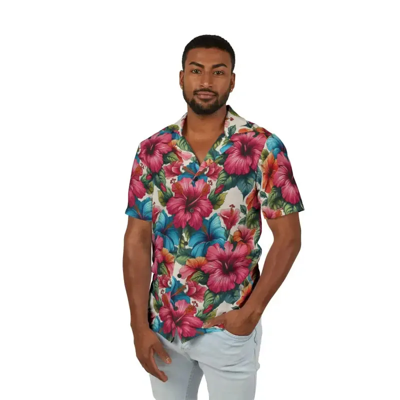 Vibrant Hawaiian Camp Shirt with Hibiscus Flowers