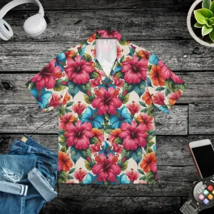 Vibrant Hawaiian Camp Shirt with Hibiscus Flowers