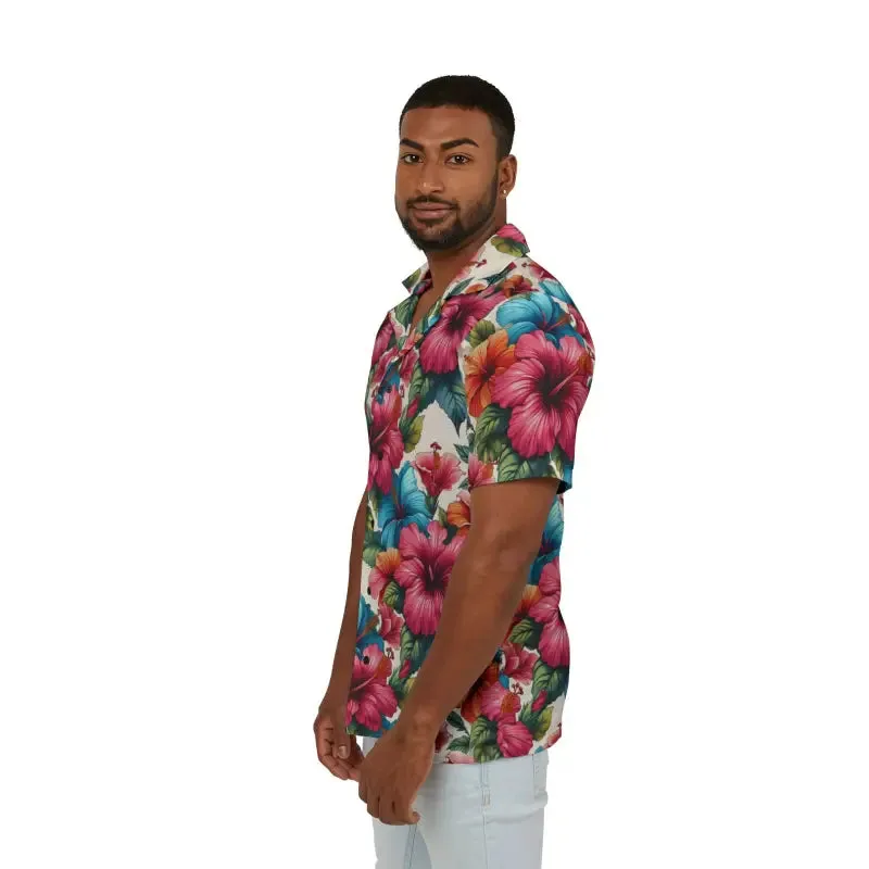 Vibrant Hawaiian Camp Shirt with Hibiscus Flowers