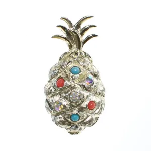 Vintage Mid Century Modern Gold Pineapple Brooch with Rhinestones and Coral and Turquoise Beads