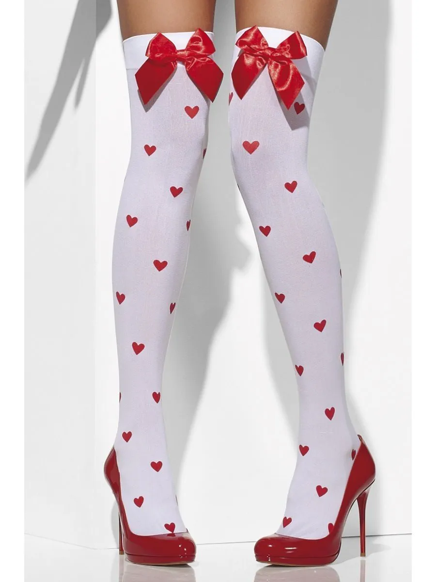 White Opaque Hold-Ups with Red Bows and Heart Print