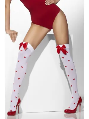 White Opaque Hold-Ups with Red Bows and Heart Print