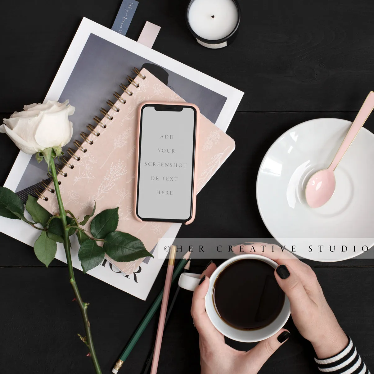 Woman Holding Coffee with Smartphone on Black Desk