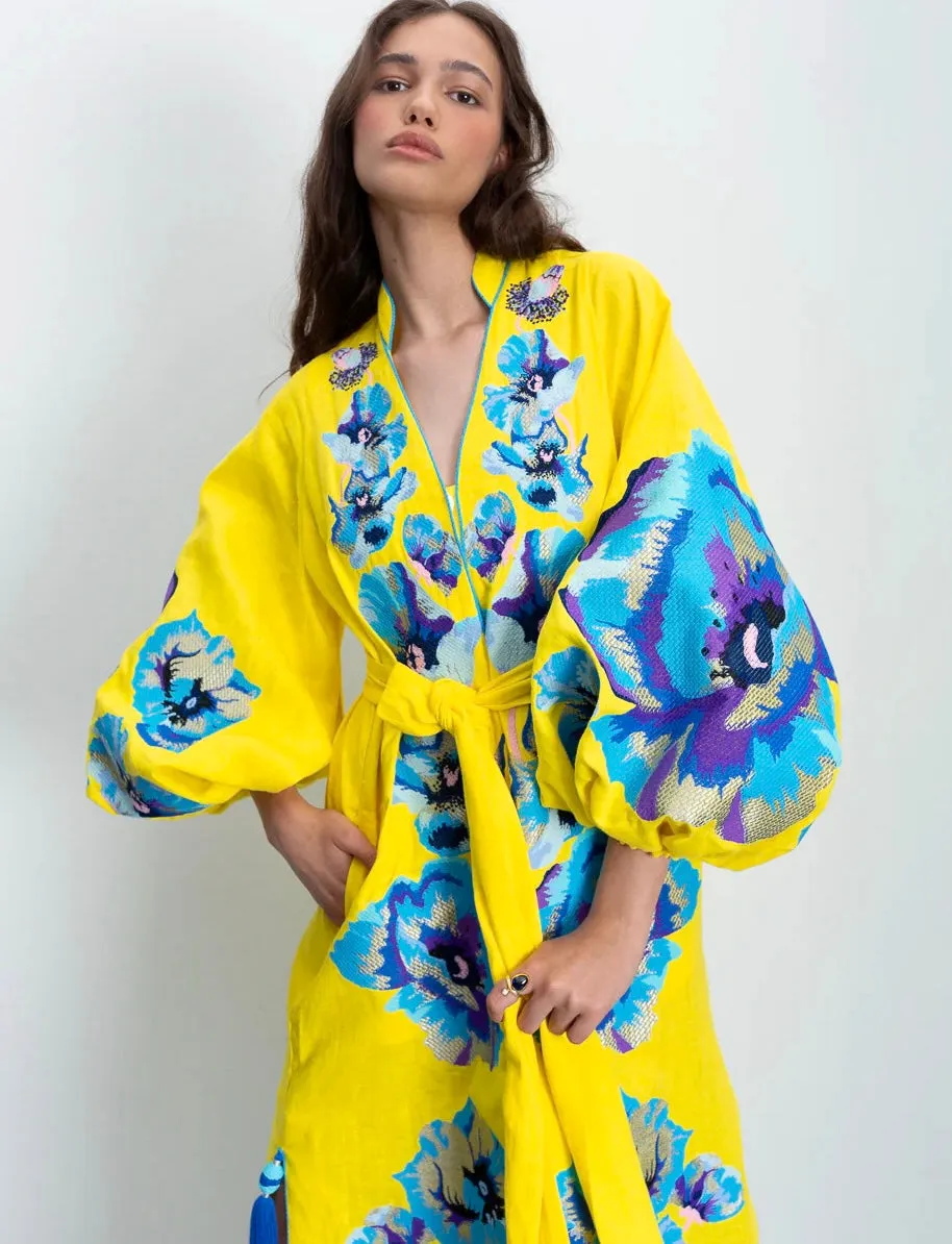 Yellow dress with embroidered peonies