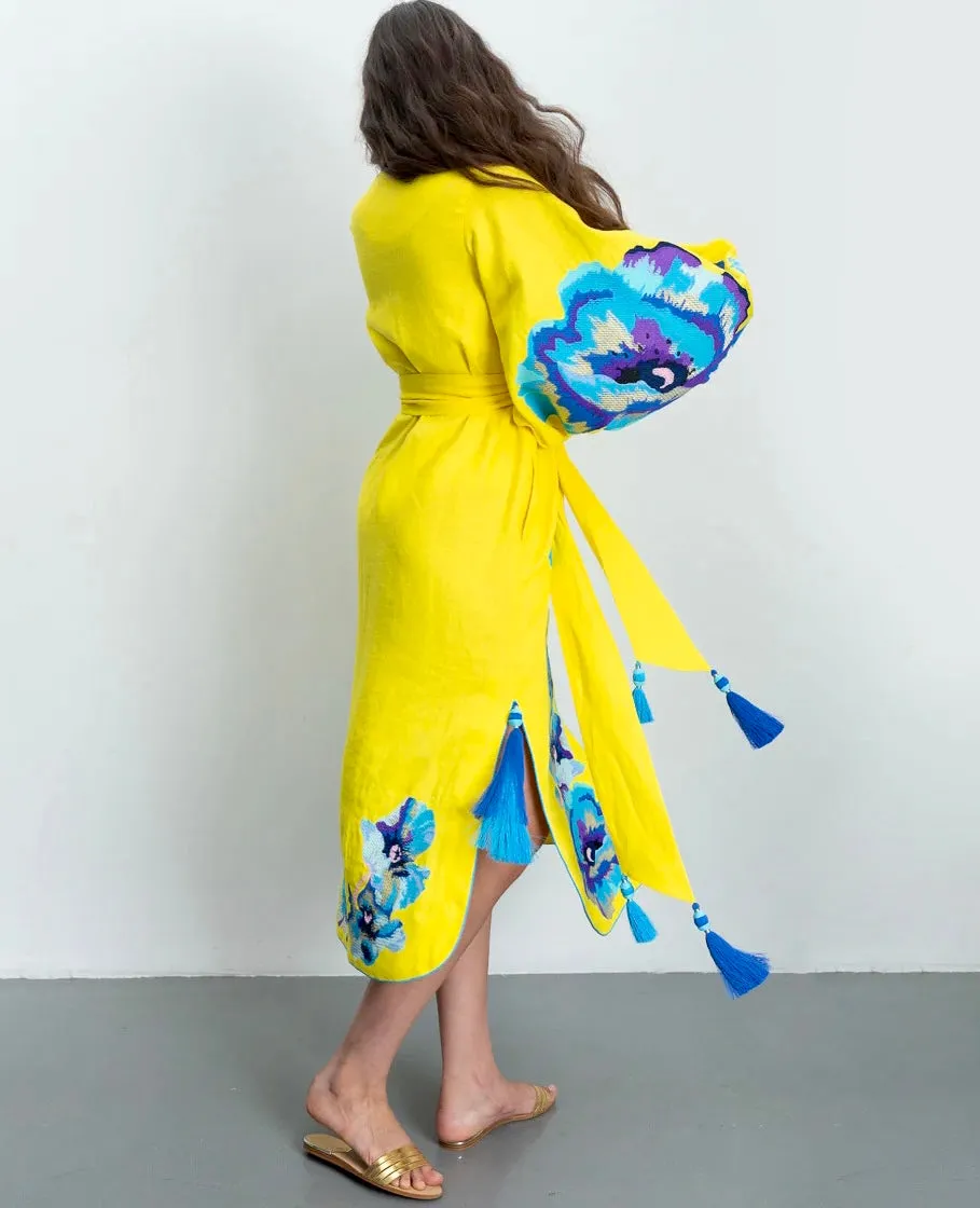 Yellow dress with embroidered peonies