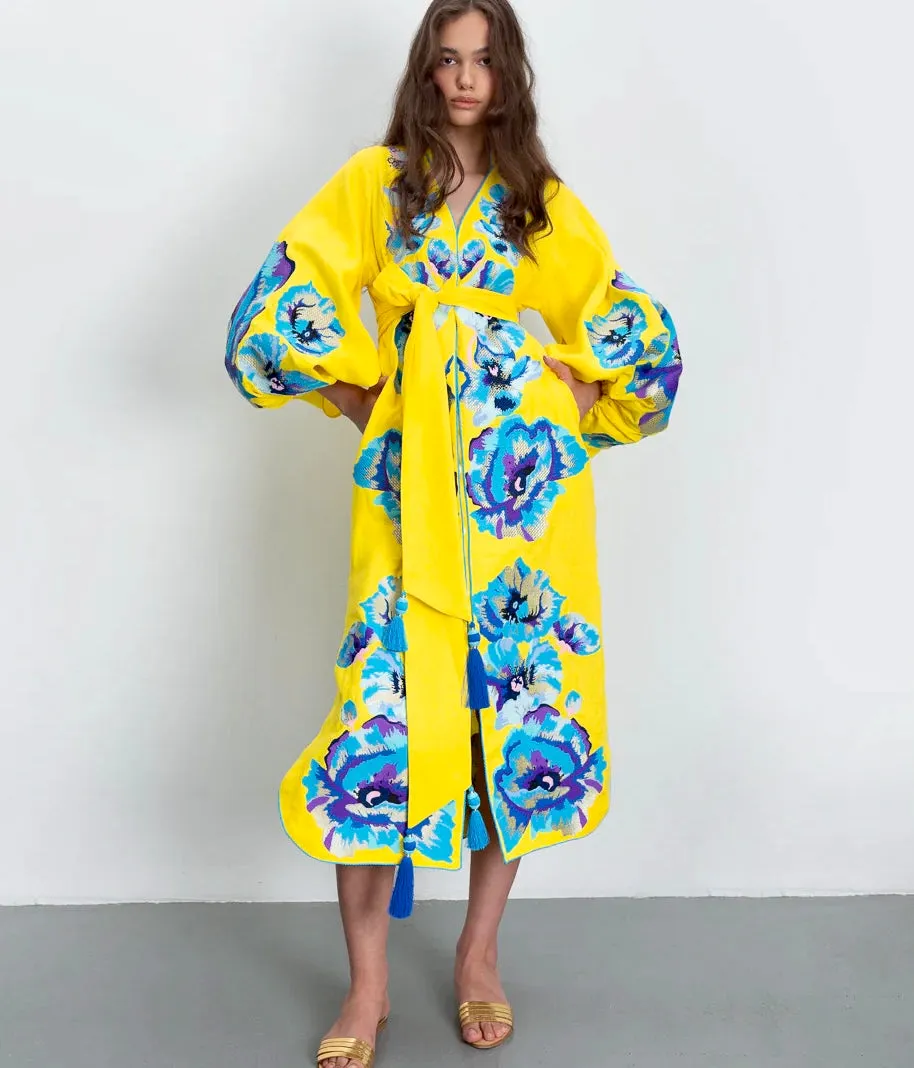 Yellow dress with embroidered peonies
