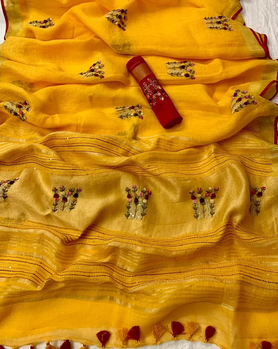 Yellow Pure Linen Saree With Embroidery