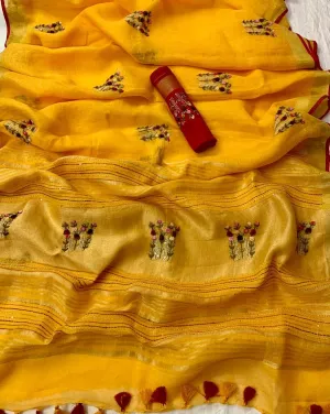 Yellow Pure Linen Saree With Embroidery